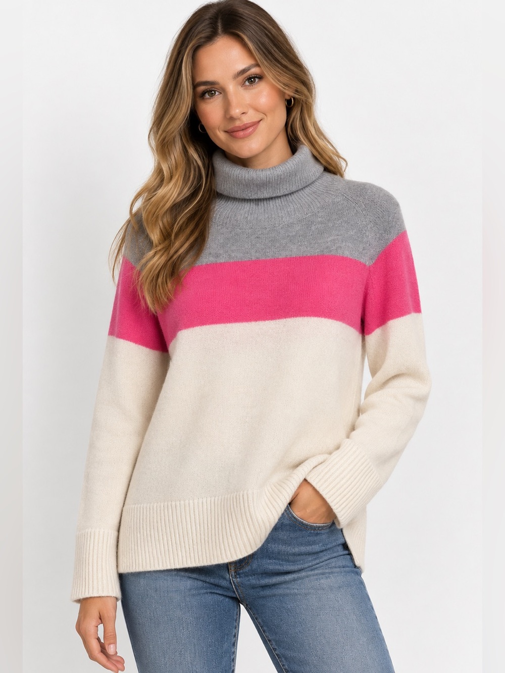 COURT & ROWE Colorblock Turtleneck Sweater - Pink, Gray & Cream